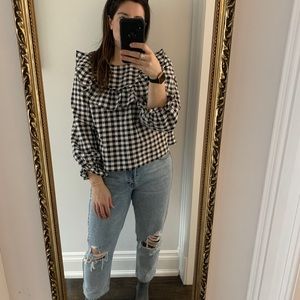 Divided frilled gingham blouse - size L